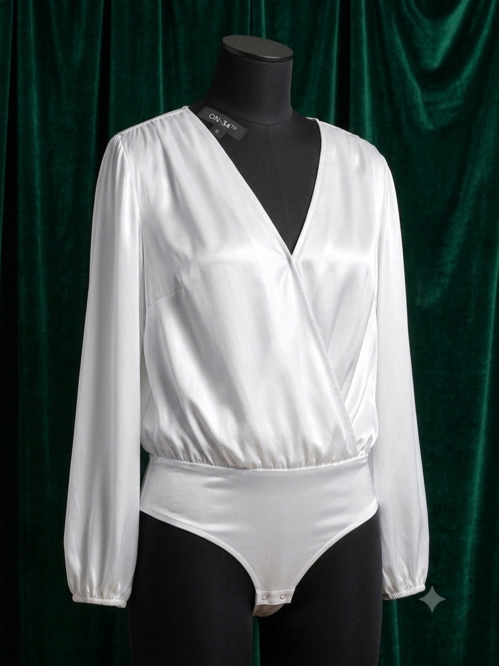 ON/??? White Satin Surplice Long-Sleeve Bodysuit - Picture 1 of 3